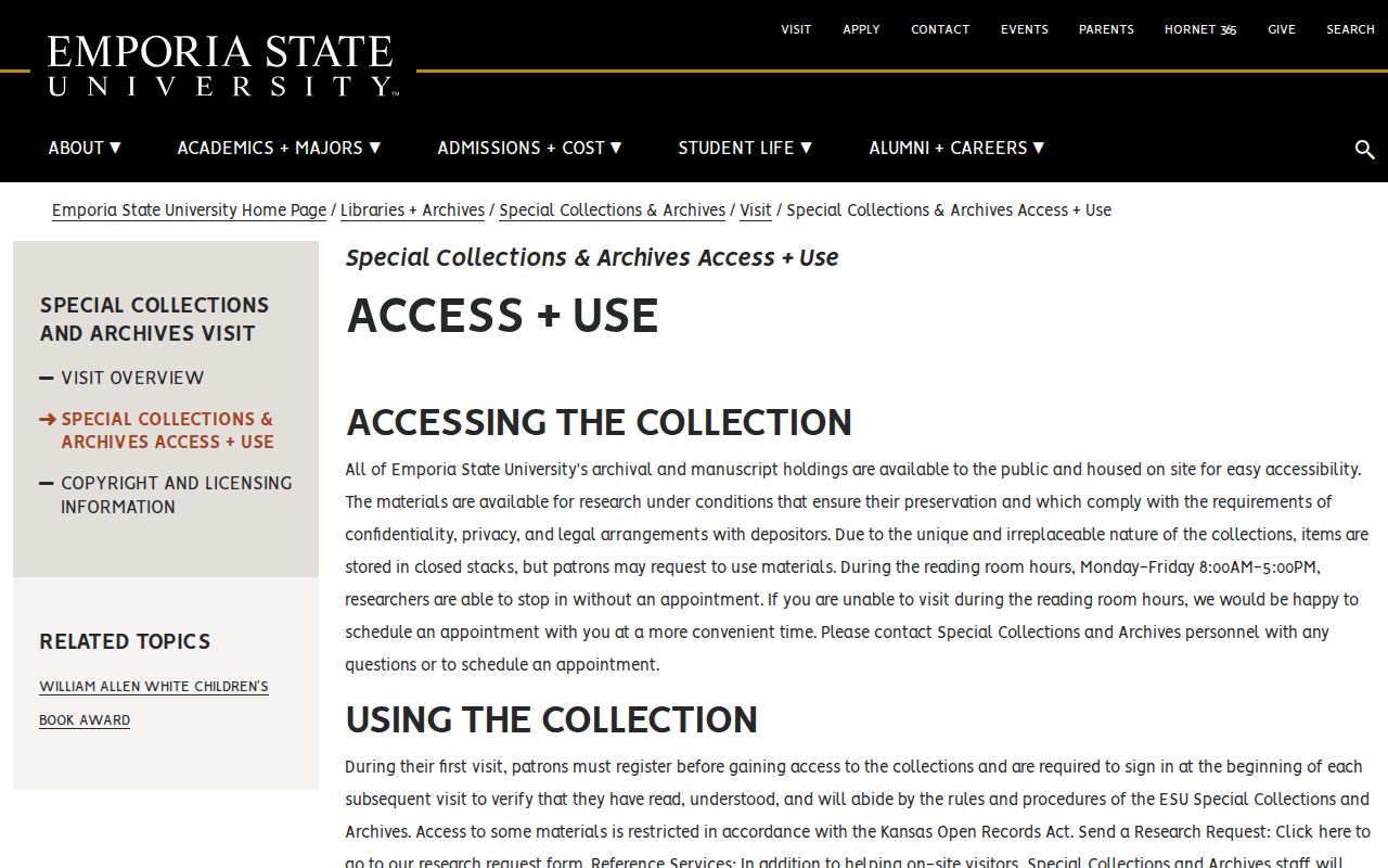 Emporia State University Special Collections access and use information