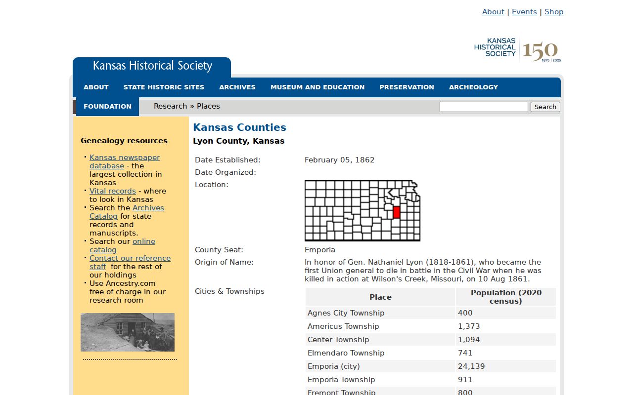 Kansas Historical Society Lyon County history and genealogy page