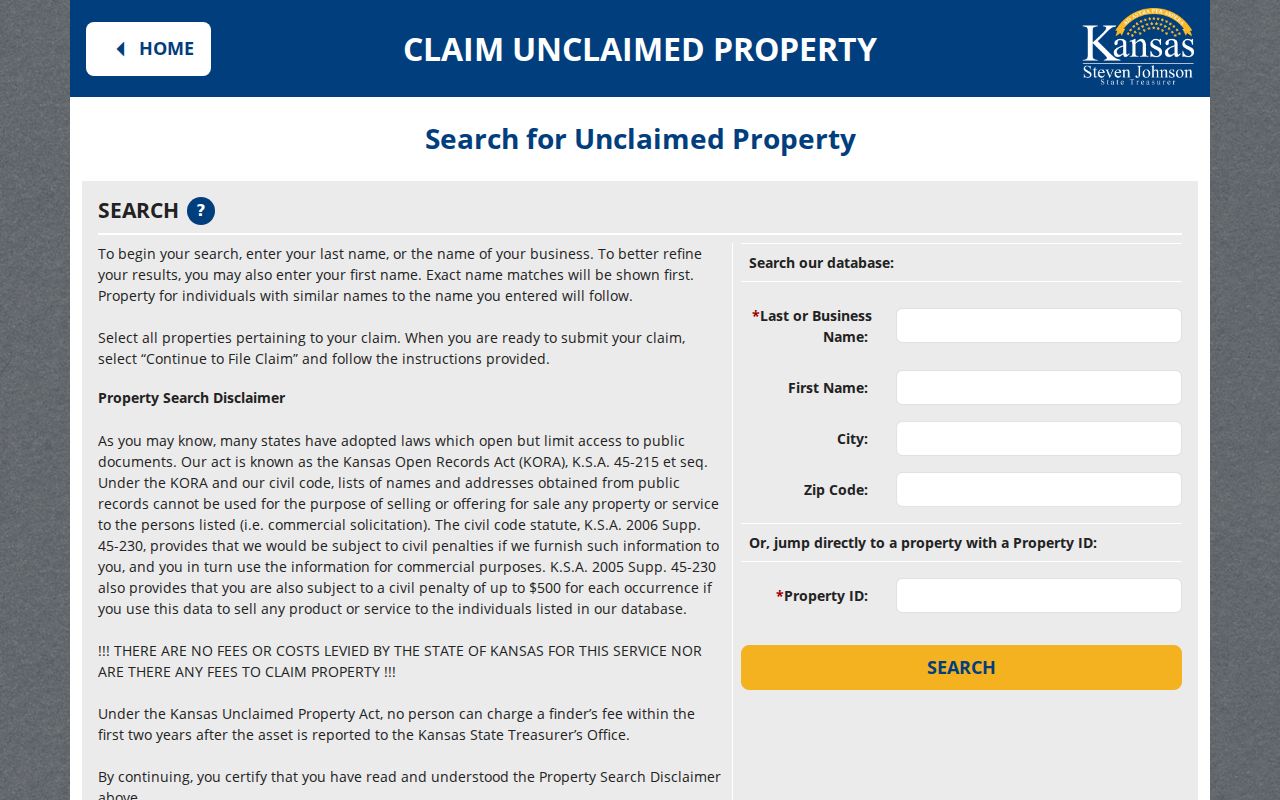 Emporia resident lookup Kansas unclaimed property fields
